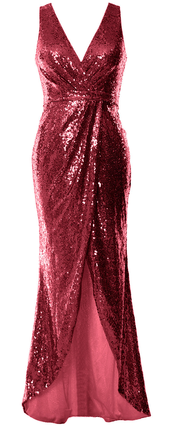 MACloth Women Sequin V Neck Wrap Long Bridesmaid Dresses Wedding Prom Gown