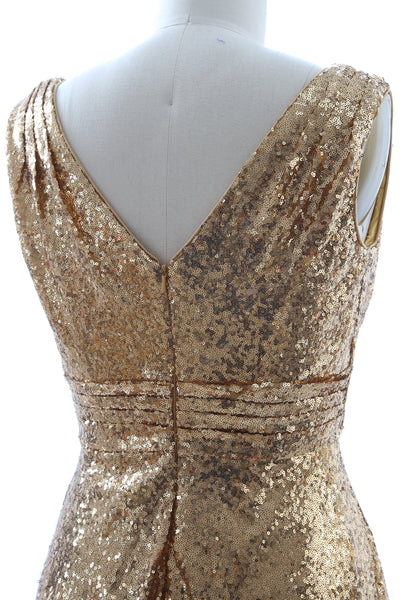MACloth Women Bridesmaid Dresses V Neck Sleeveless Sequin Formal Evening Gown