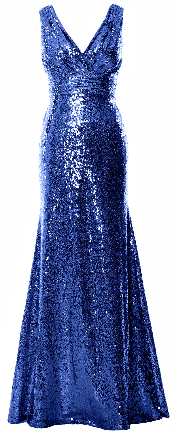 MACloth Women Mermaid V Neck Maxi Sequin Wedding Party Dresses Bridesmaid Prom