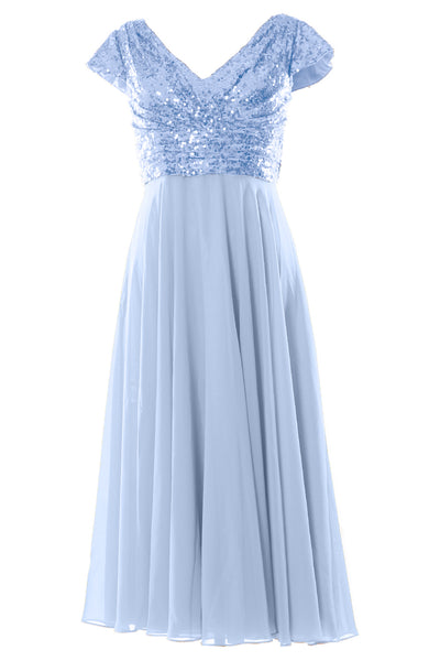 MACloth Women Mother of Bride Dresses Tea Length Sequin Cap Sleeves Bridesmaid
