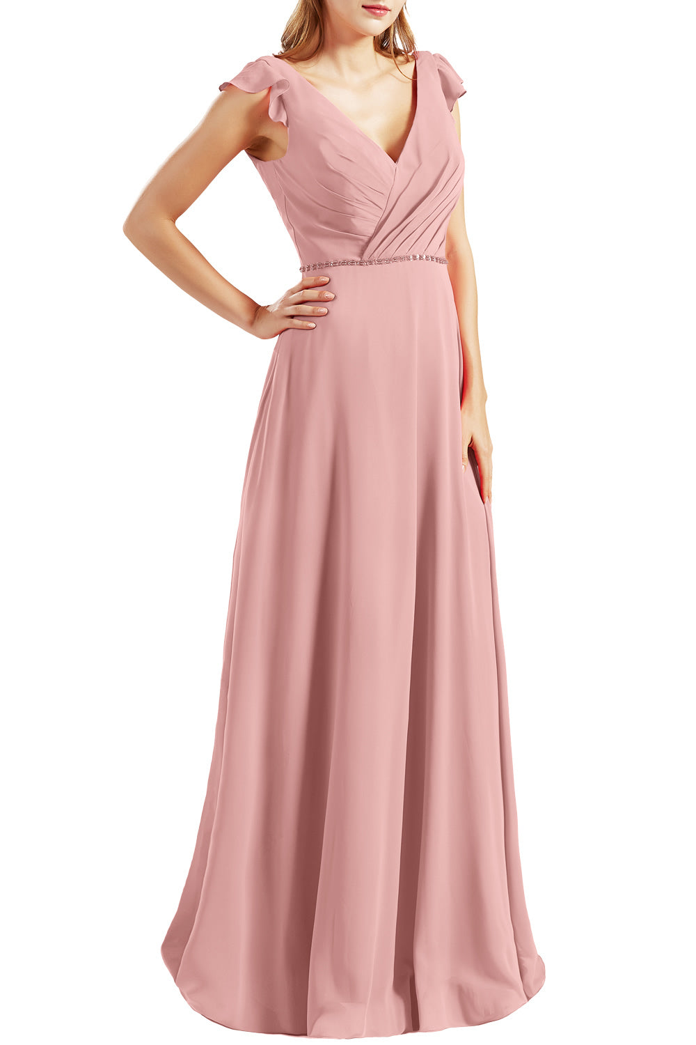 MACloth Women Cap Sleeves V Neck Chiffon Long Bridesmaid Dresses Evening Gown