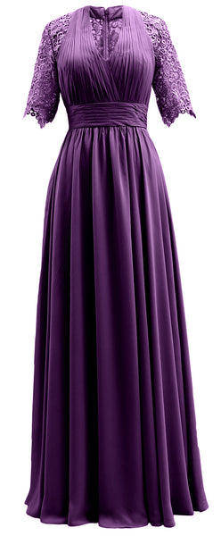 MACloth Long Mother of Bride Dresses Half Sleeves V Neck Formal Evening Gown