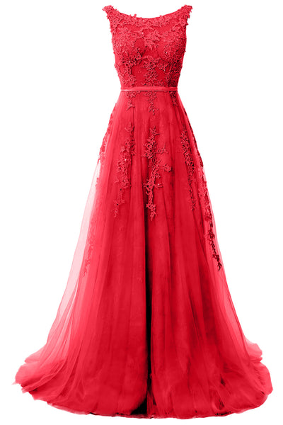 MACloth Lace Prom Dresses Boat Neck Sleeveless Lace Wedding Formal Evening Gown