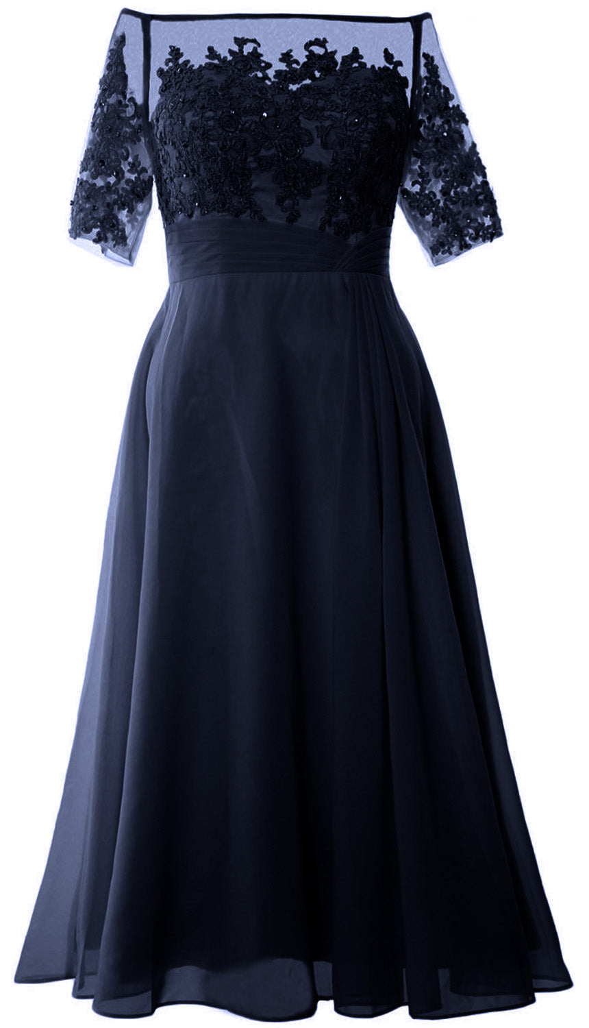 Vestidos de madre de la novia de MACloth, mangas cortas, midi, hombros descubiertos, semi formales