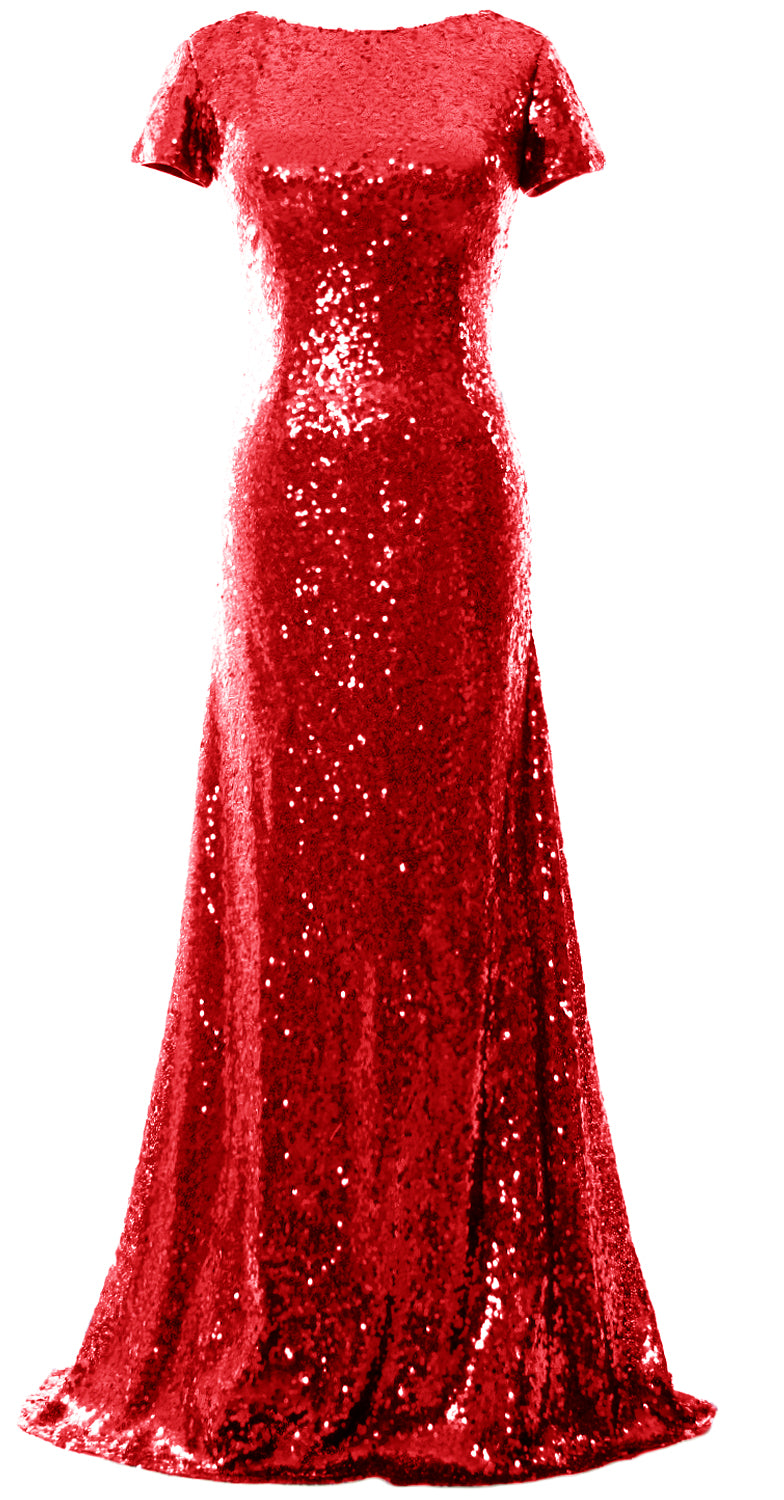 Vestido de dama de honor largo con lentejuelas y mangas cortas de sirena de MACloth, vestido de noche formal