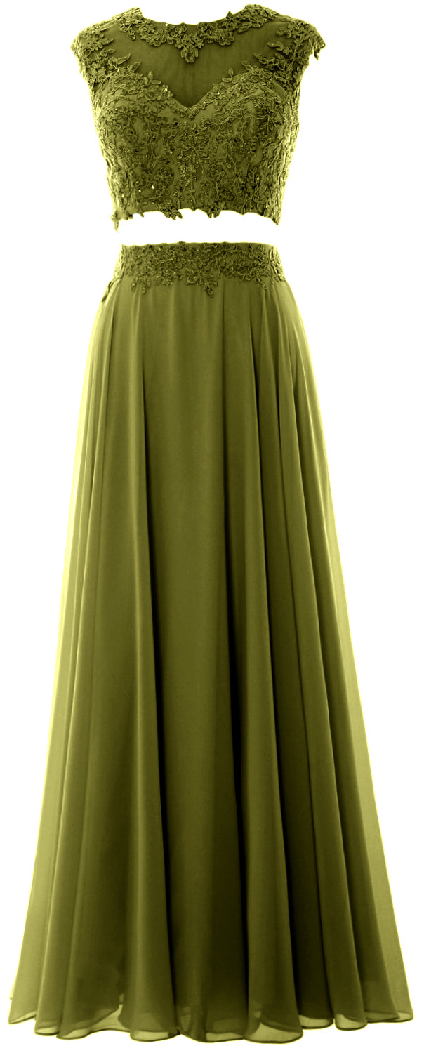 MACloth Vestido largo de fiesta de 2 piezas para mujer, de gasa con encaje, vestido formal de noche para fiesta