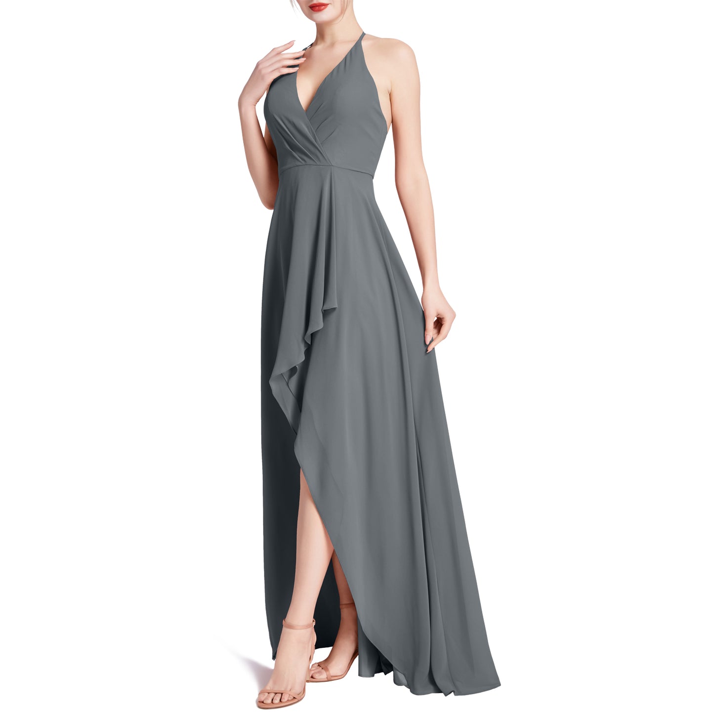 MACloth Women V Neck Halter Hi Lo Long Wedding Party Bridesmaid Dresses