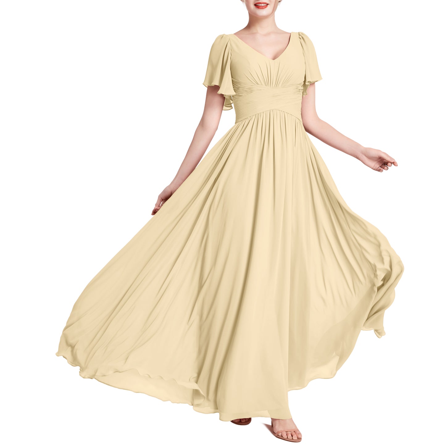 MACloth Vestidos de dama de honor románticos para fiesta de boda con cuello en V y manga corta para mujer