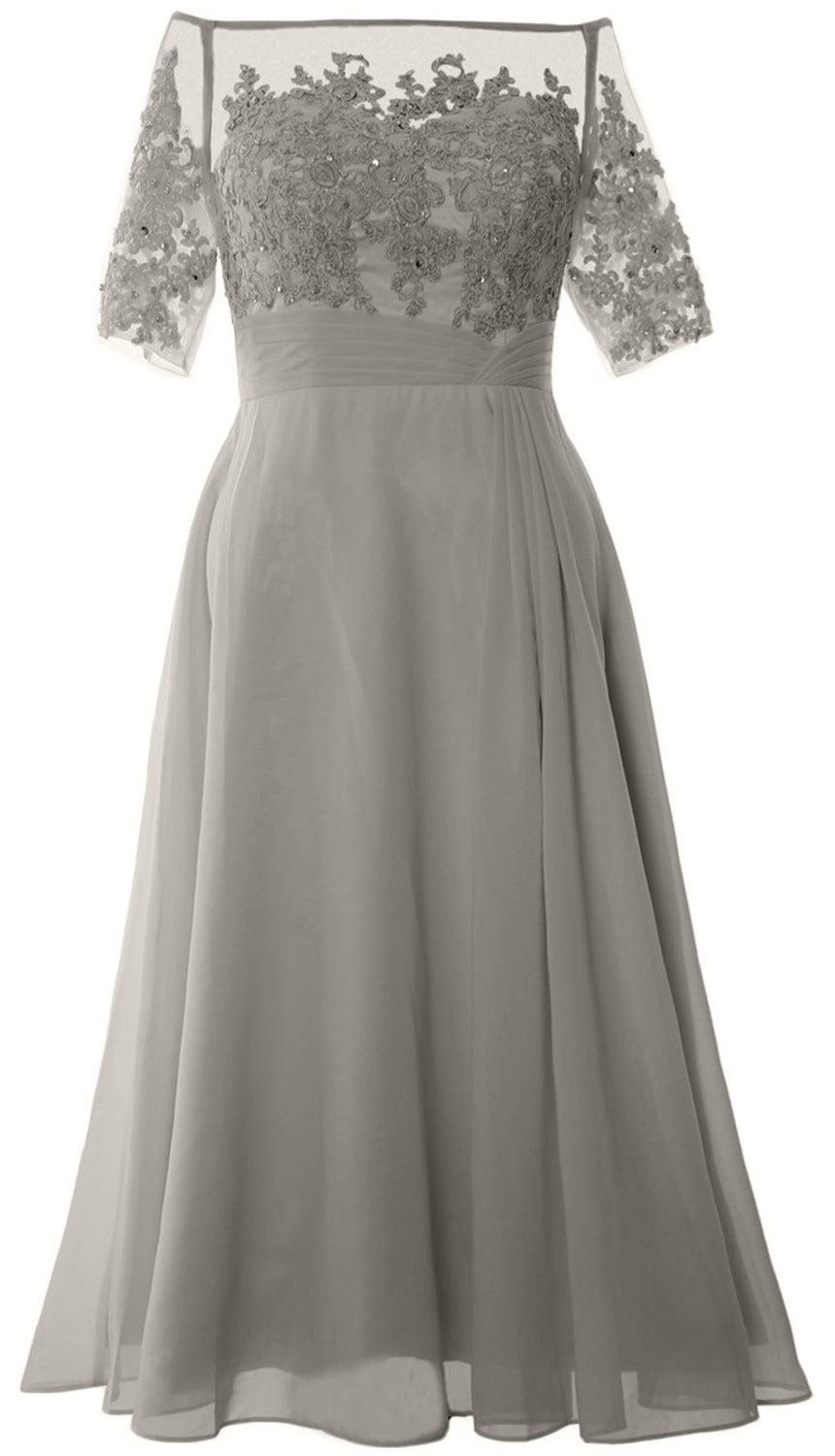 Vestidos de madre de la novia de MACloth, mangas cortas, midi, hombros descubiertos, semi formales