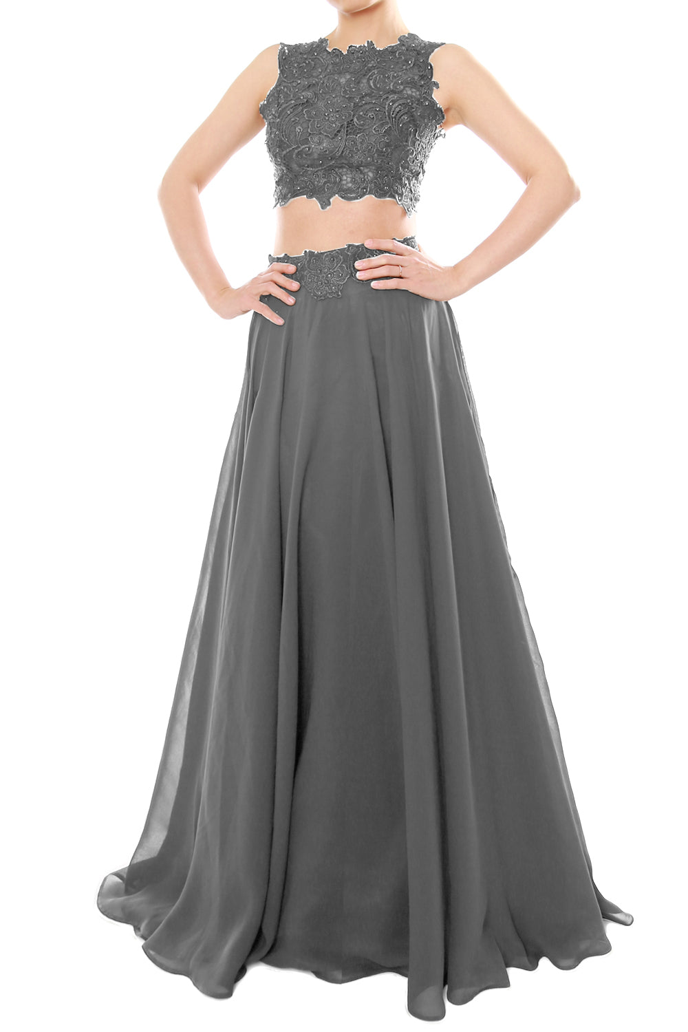 MACloth Vestido largo de gasa con encaje y cuello alto de dos piezas para mujer, vestido de fiesta formal para graduación