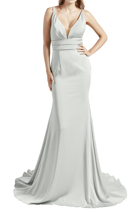 MACloth Damen Langes V-Ausschnitt Crepe Meerjungfrau Ballkleid Party Abendkleid