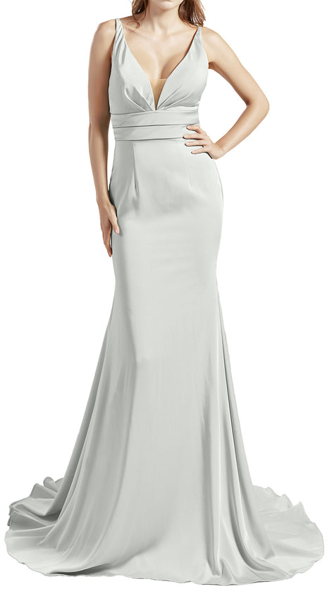MACloth Women Long V Neck Crepe Mermaid Prom Party Dresses Evening Gown