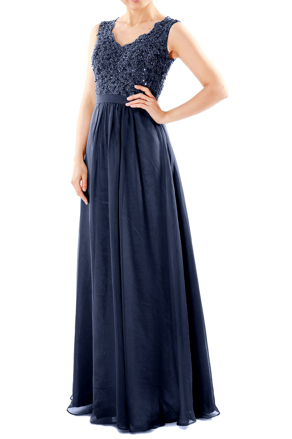 MACloth Women V Neck Lace Chiffon Long Prom Dresses Formal Party Evening Gown