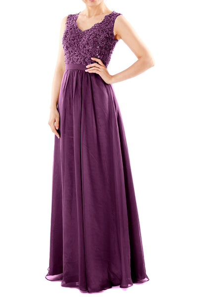 MACloth Women V Neck Lace Chiffon Long Prom Dresses Formal Party Evening Gown
