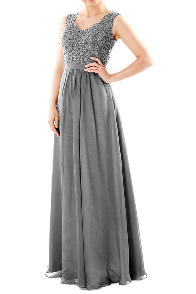 MACloth Women V Neck Lace Chiffon Long Prom Dresses Formal Party Evening Gown