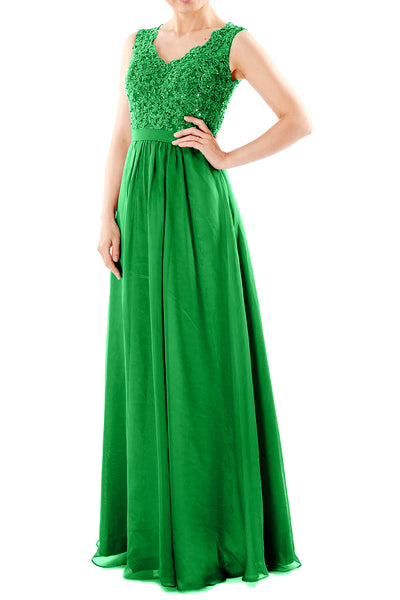 MACloth Women V Neck Lace Chiffon Long Prom Dresses Formal Party Evening Gown