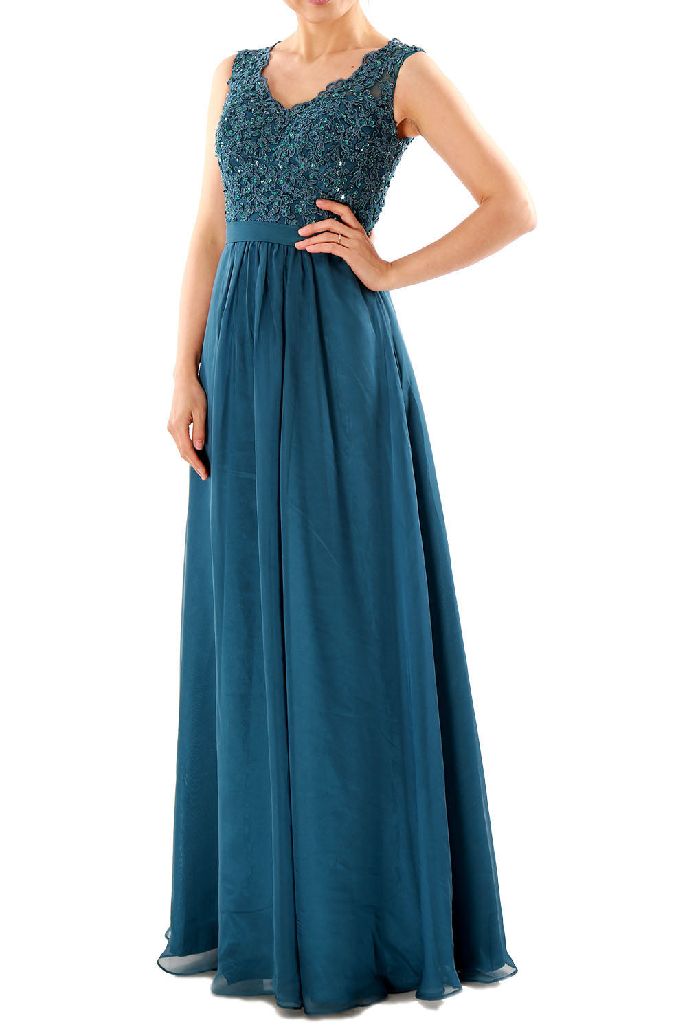 MACloth Women V Neck Lace Chiffon Long Prom Dresses Formal Party Evening Gown