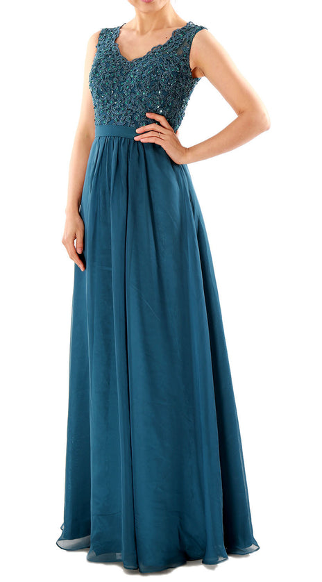 MACloth Women V Neck Lace Chiffon Long Prom Dresses Formal Party Evening Gown