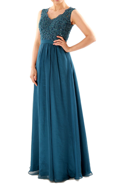 MACloth Women V Neck Lace Chiffon Long Prom Dresses Formal Party Evening Gown