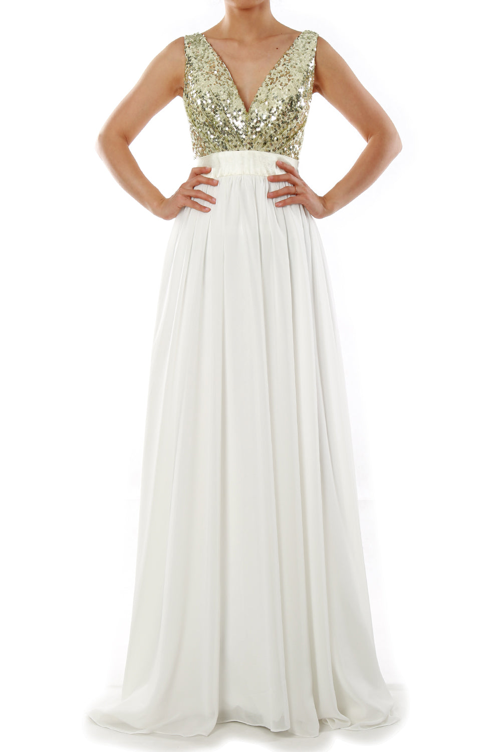 MACloth Women V Neck Sequin Long Prom Dress Wedding Party Formal Evening Gown