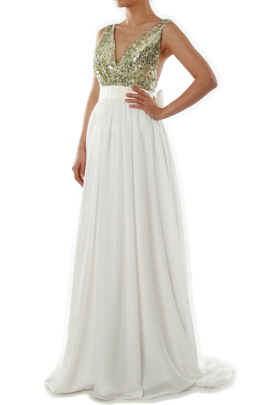 MACloth Vestido largo de fiesta con escote en V y lentejuelas para mujer, vestido formal para boda o noche