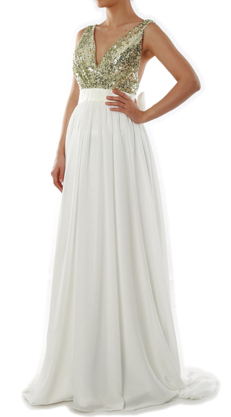 MACloth Women V Neck Sequin Long Prom Dress Wedding Party Formal Evening Gown