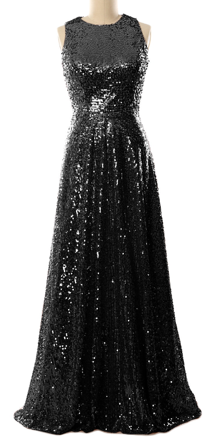 MACloth Elegant Sequin Long Bridesmaid Dress Simple Prom Gown Evening Gown