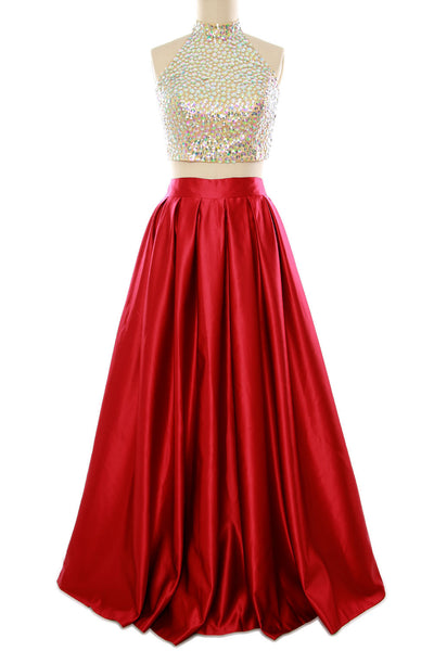 MACloth Women Two Piece High Neck Long Prom Homecoming Dress Evening Ball Gown