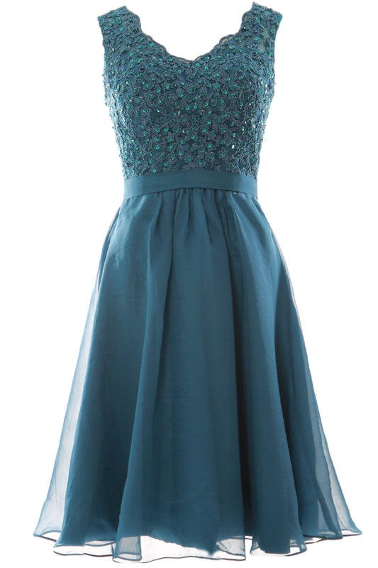 MACloth Mujeres Cuello en V Vintage Encaje Gasa Vestidos Cortos de Fiesta Vestido de Fiesta de Boda