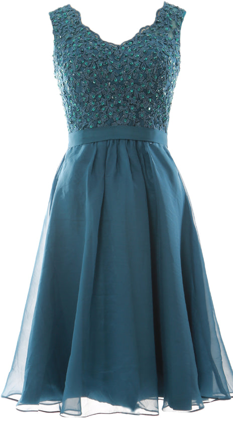 MACloth Women V Neck Vintage Lace Chiffon Short Prom Dresses Wedding Party Gown