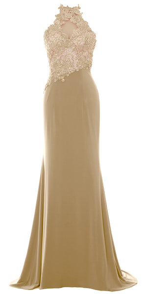 MACloth Women Mermaid Halter Lace Long Formal Evening Dress Wedding Party Gown