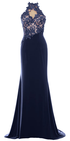 MACloth Women Mermaid Halter Lace Long Formal Evening Dress Wedding Party Gown