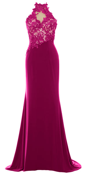 MACloth Women Mermaid Halter Lace Long Formal Evening Dress Wedding Party Gown