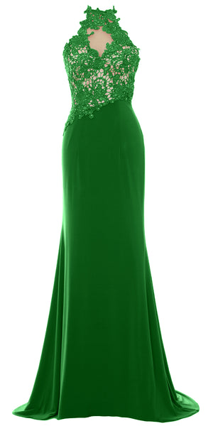 MACloth Women Mermaid Halter Lace Long Formal Evening Dress Wedding Party Gown
