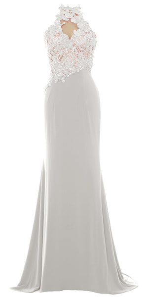 MACloth Women Mermaid Halter Lace Long Formal Evening Dress Wedding Party Gown