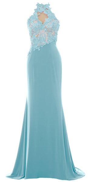 MACloth Women Mermaid Halter Lace Long Formal Evening Dress Wedding Party Gown