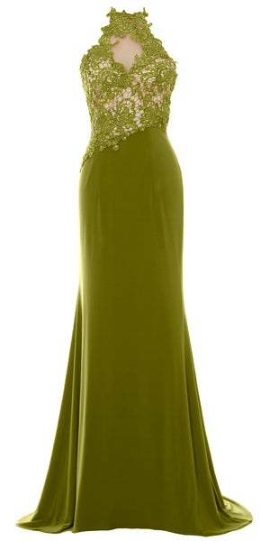 MACloth Women Mermaid Halter Lace Long Formal Evening Dress Wedding Party Gown
