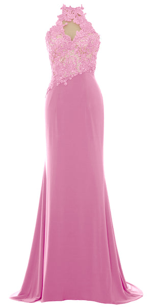 MACloth Women Mermaid Halter Lace Long Formal Evening Dress Wedding Party Gown
