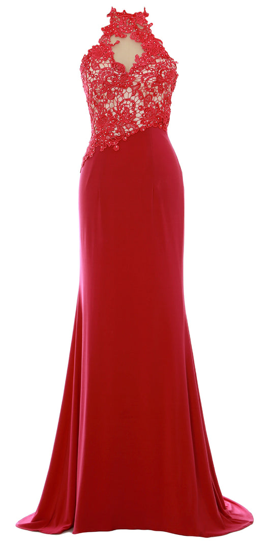 MACloth Damen Meerjungfrau Neckholder Spitze Langes formelles Abendkleid Hochzeitsfeierkleid