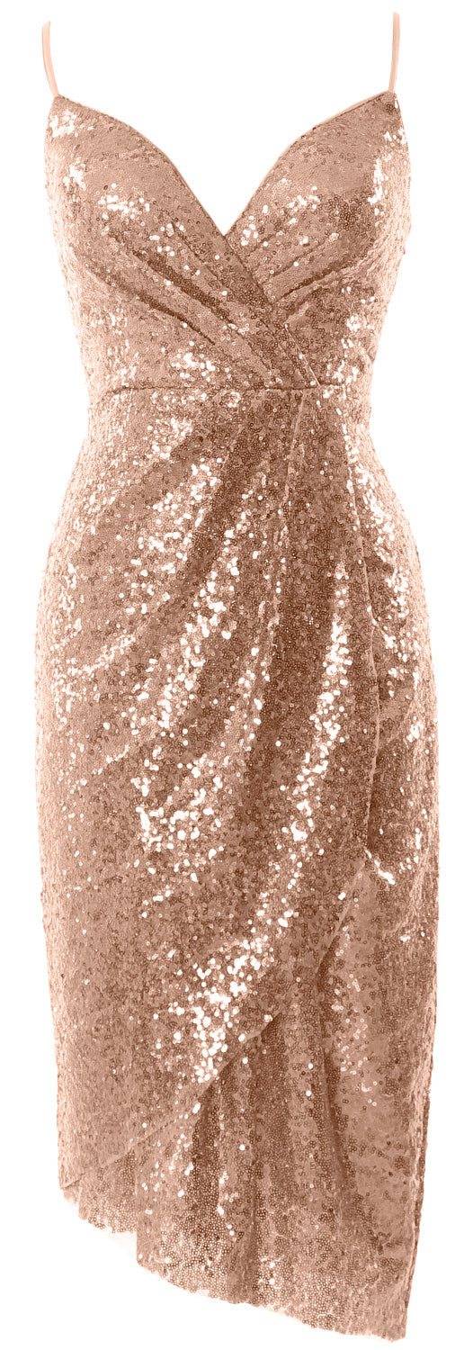 MACloth Vestidos de dama de honor midi para mujer, con lentejuelas y escote en V, vestido formal para fiesta de boda