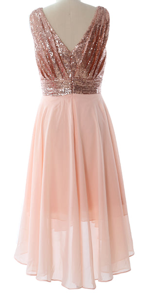 MACloth Women Straps V Neck Sequin Chiffon High Low Prom Dress Formal Party Gown