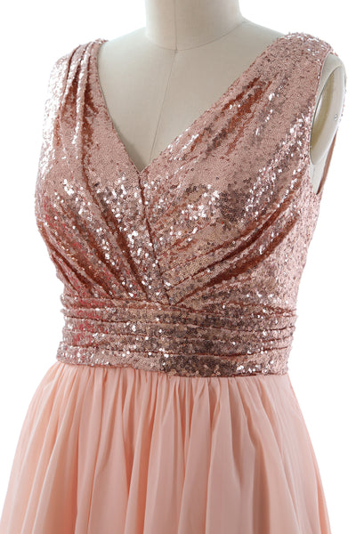 MACloth Women Straps V Neck Sequin Chiffon High Low Prom Dress Formal Party Gown