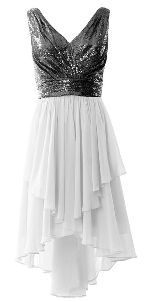 MACloth Women Straps V Neck Sequin Chiffon High Low Prom Dress Formal Party Gown
