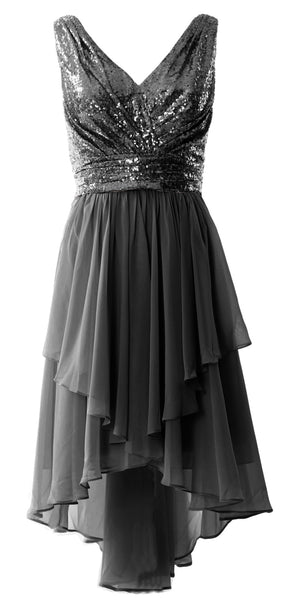 MACloth Women Straps V Neck Sequin Chiffon High Low Prom Dress Formal Party Gown