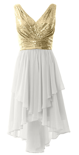 MACloth Women Straps V Neck Sequin Chiffon High Low Prom Dress Formal Party Gown