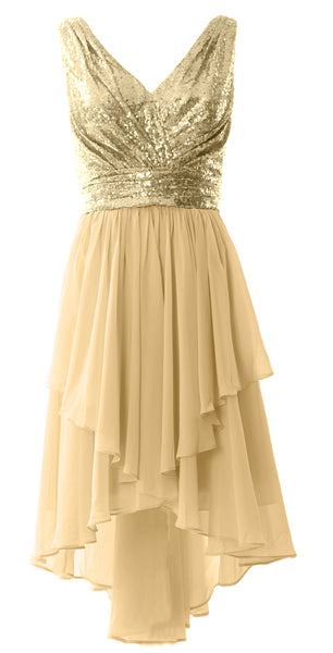 MACloth Women Straps V Neck Sequin Chiffon High Low Prom Dress Formal Party Gown