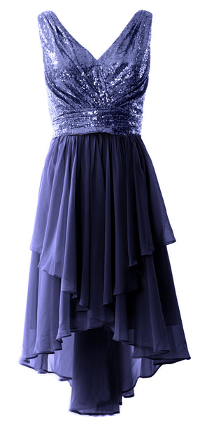 MACloth Women Straps V Neck Sequin Chiffon High Low Prom Dress Formal Party Gown
