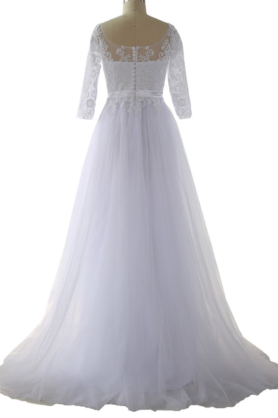 MACloth Elegant Half Sleeve Prom Dress Lace Tulle Maxi Evening Formal Gown