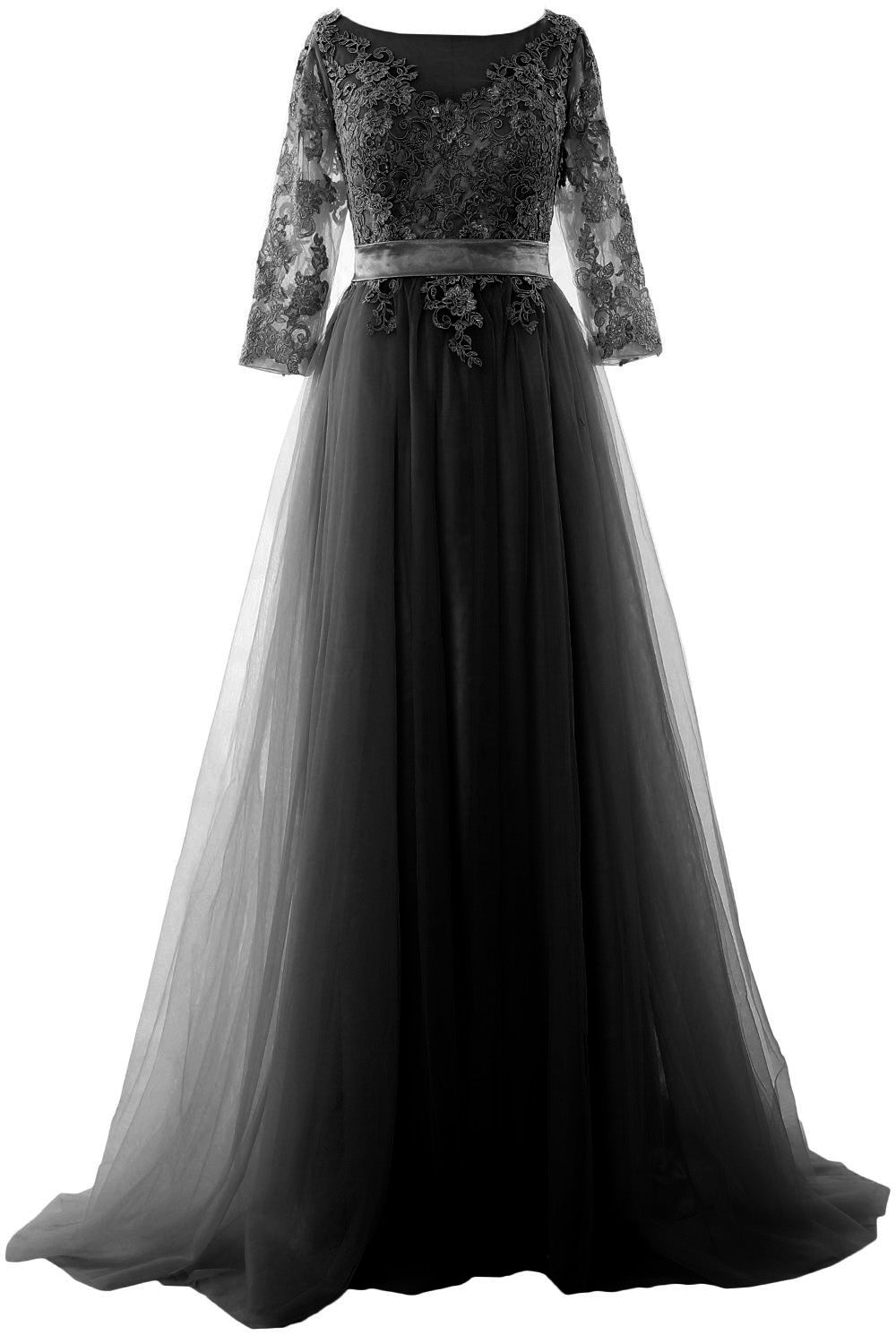 Vestido de fiesta elegante de media manga MACloth con encaje y tul, vestido formal de noche largo