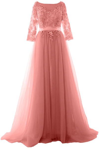 MACloth Elegant Half Sleeve Prom Dress Lace Tulle Maxi Evening Formal Gown